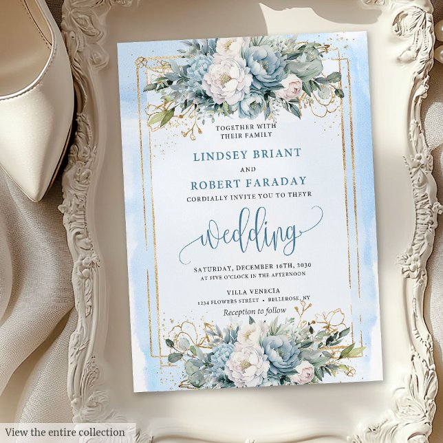 Luxe faire-part de mariage florale bleu foncé (Luxury dusty blue white floral wedding invitation

)