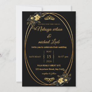 Luxe Faire-part de mariage Florale Noir & Or