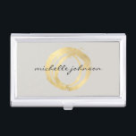 Luxe Faux Gold Painted Circle Designer Logo on Tan Business Card Holder<br><div class="desc">Coordinates with the Luxe Faux Gold Painted Circle Designer Logo on Tan Business Card Template by 1201AM. An organic painted circle in faux metallic gold becomes a luxe logo on this designer business card case. Set on a light tan background for a tonal effect. Personalize with your name or business...</div>