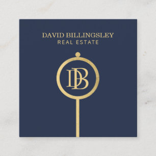 Luxe Faux Gold Skeleton Key Monogram Realtor Blue Square Business Card