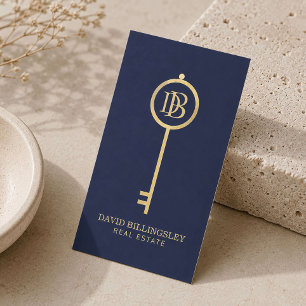 Luxe Faux Gold Skeleton Key Monogram Realtor Navy Business Card
