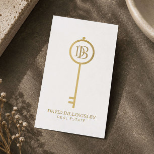 Luxe Faux Gold Skeleton Key Monogram Realtor White Business Card