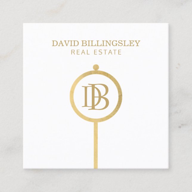 Luxe Faux Gold Skeleton Key Monogram Realtor White Square Business Card (Front)