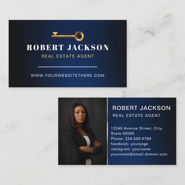 Luxe Faux Golden Key Realtors Luxury Modern Navy   Business Card (Front/Back)