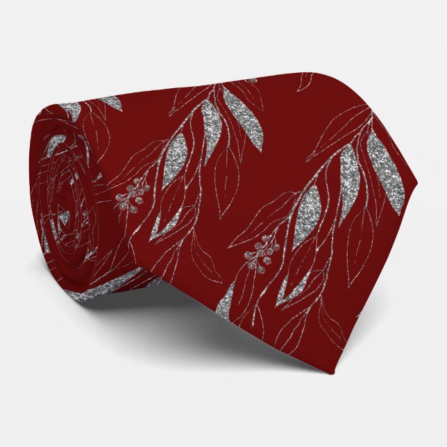 LUXE FESTIVE RED SILVER EUCALYPTUS BOTANICAL TIE (Rolled)