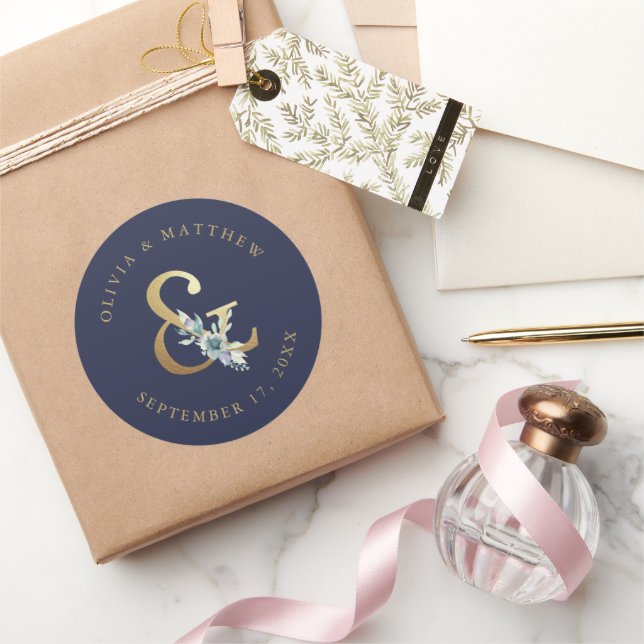 Luxe Floral Ampersand Wedding Monogram Classic Round Sticker (Gifting)