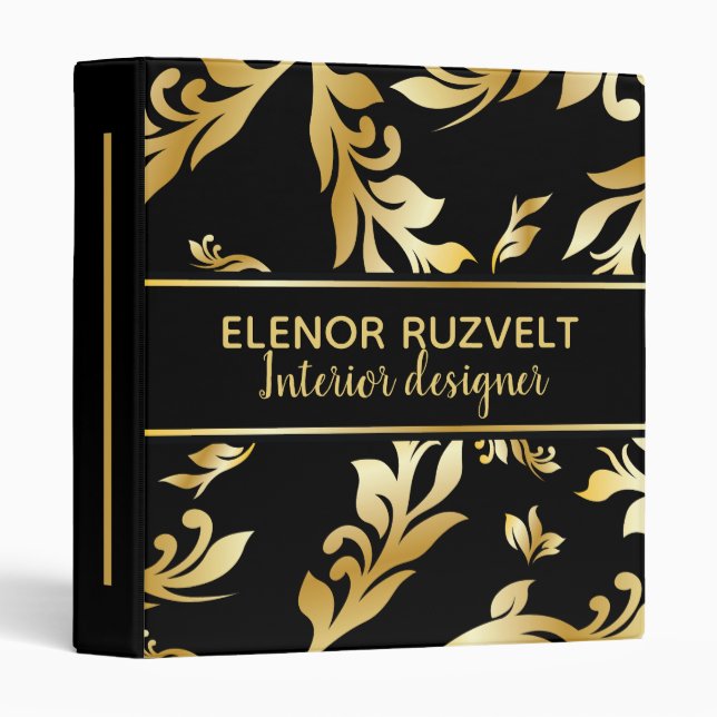 Luxe floral black gold elegant damask design binder (Front/Spine)