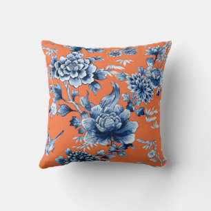 Luxe floral bleu sur oreiller à lancer orange