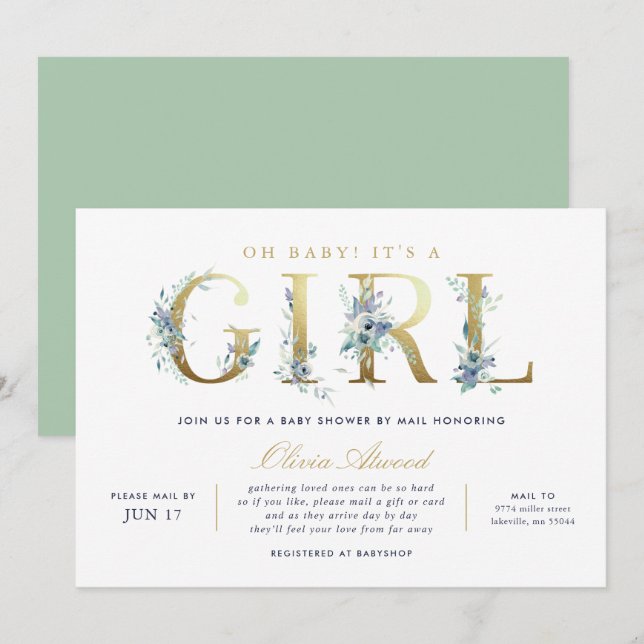 Luxe Floral Girl Baby Shower by Mail Invitation (Front/Back)