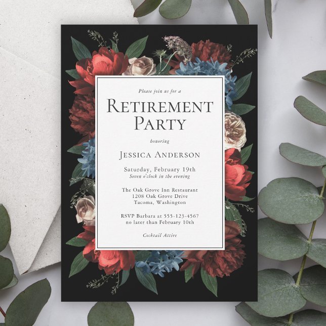 Luxe Floral on Black Elegant Retirement Party Invitation (Creator Uploaded)