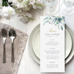 Luxe Floral Wedding Menu Card<br><div class="desc">Custom printed wedding menu cards. Use the design tools to personalize the layout, background colours and text with your wedding menu details. This elegant design features a watercolor floral border of succulent greenery and blooms with gold and navy text.</div>