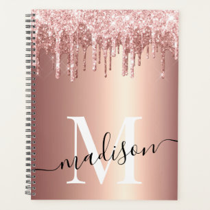 Luxe Girly Rose Gold Foil Glitter Drip Monogram Planner
