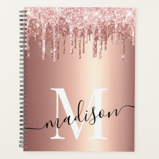 Luxe Girly Rose Gold Foil Glitter Drip Monogram Planner