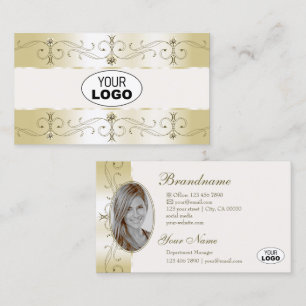 Luxe Glam Gold Cream Ornate Borders Logo and Photo Business Card