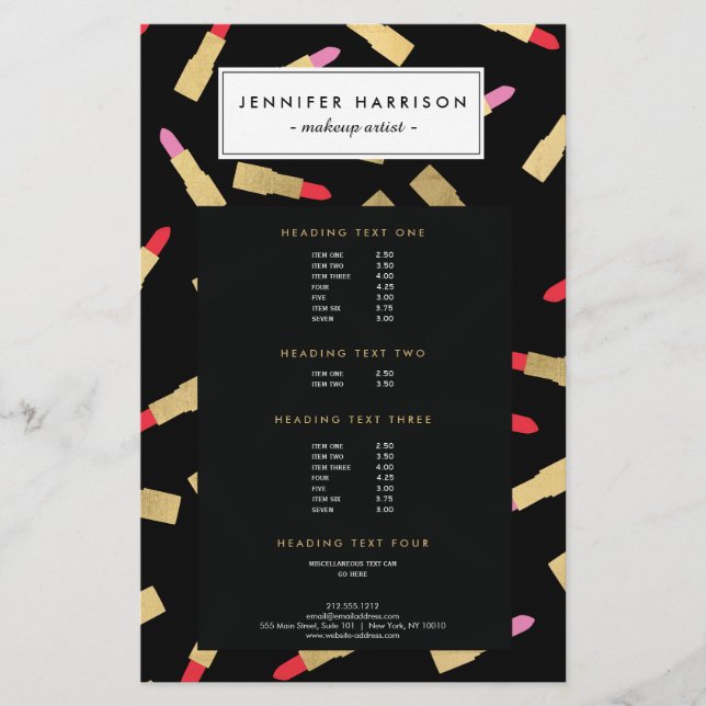 Luxe Glam Lipstick Pattern on Black Makeup Artist Flyer (Front)
