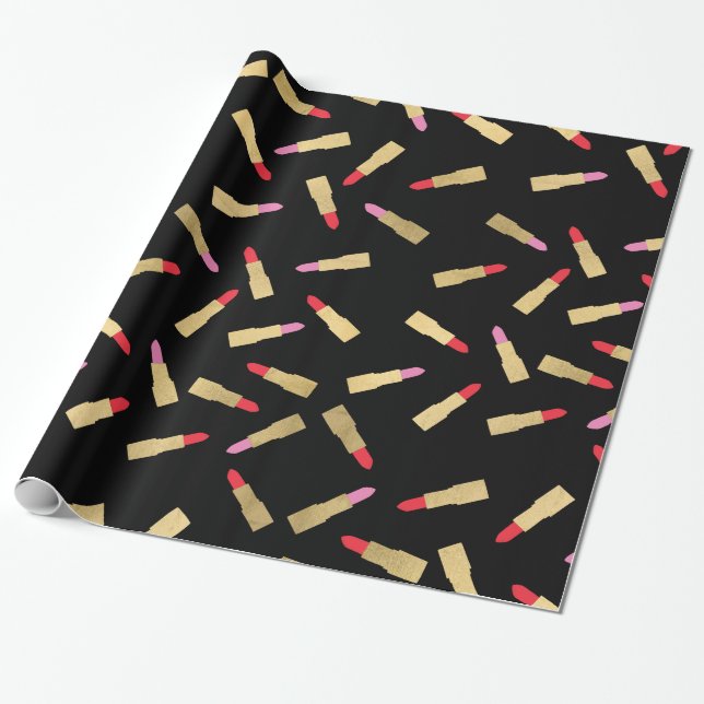 Luxe Glam Lipstick Pattern on Black Wrapping Paper (Unrolled)