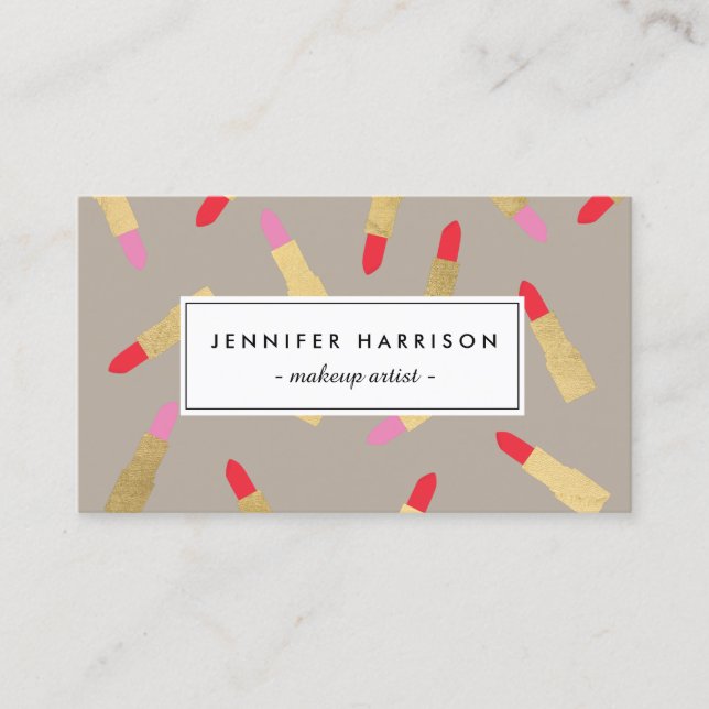 Luxe Glam Lipstick Pattern on Taupe Business Card (Front)