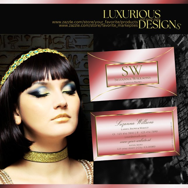 Luxe Glam Ruby Red with Gold Decor and Monogram Business Card (Creator Uploaded)