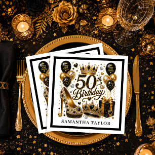 Luxe Gold Black Confetti 50th Birthday Celebration Napkin
