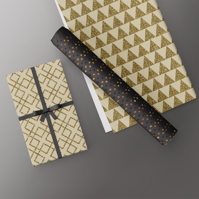 Luxe Gold Black Geometric Patterns Glitter Wrapping Paper Sheet (Creator Uploaded)