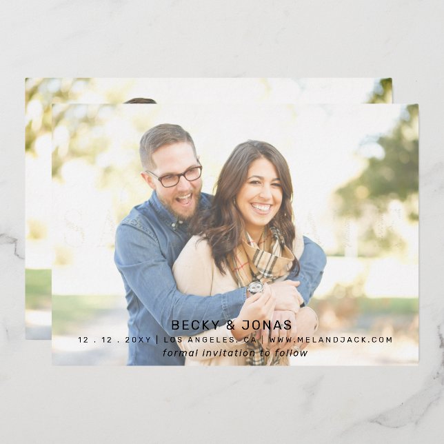  Luxe Gold Calligraphy 2 photos Save The Date Foil (Front/Back)
