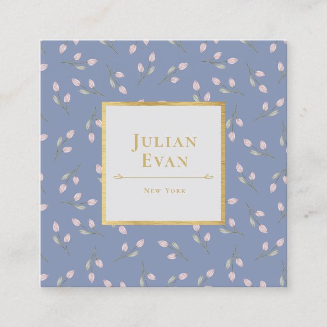 Luxe Gold Dusty Blue Flower Pattern Business Card (Front)