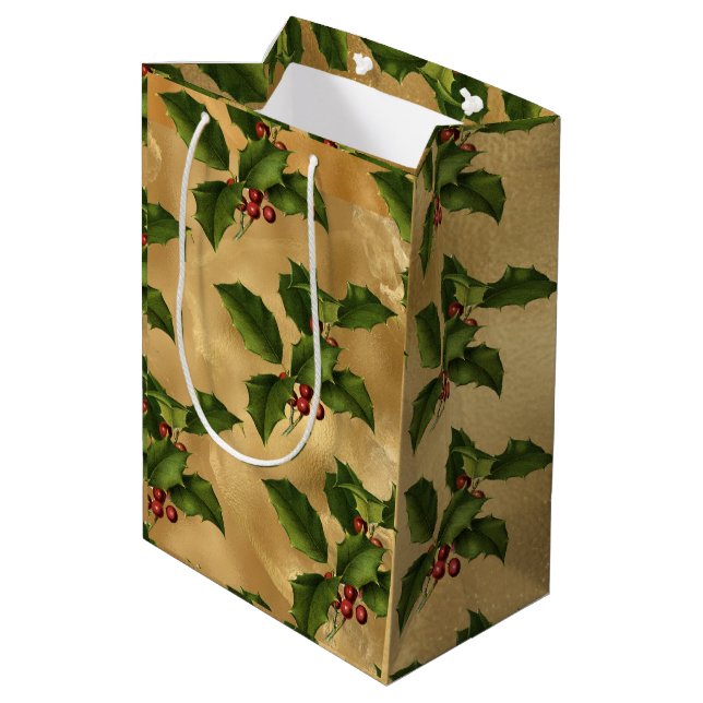 Luxe Gold Foil, Green Holly, Red Berries Medium Gift Bag (Back Angled)