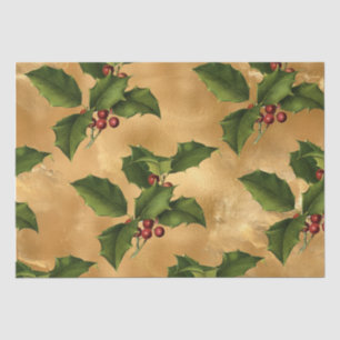 Luxe Gold Foil, Green Holly, Red Berries Tissue Paper