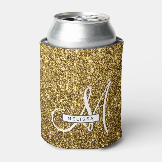 Luxe Gold Glitter Custom Monogrammed and Named Can Cooler (Can Front)