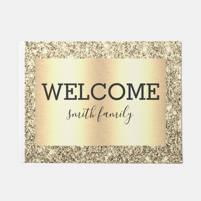 Luxe Gold Glitter Metallic Welcome Personalized  Doormat (Front)