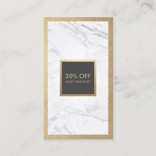 Luxe Gold & Marble Grey Discount Coupon Vertical Business Card (Front)