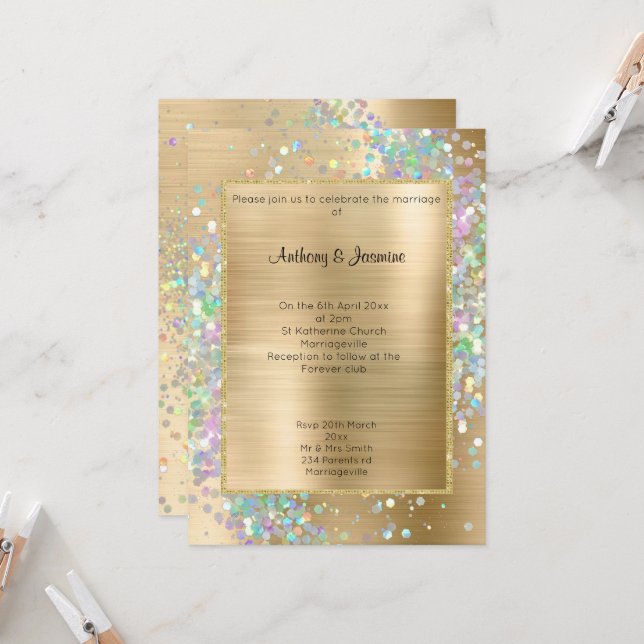 LUXE GOLD METALLIC HOLOGRAPHIC PASTEL WEDDING INVITATION (Front/Back In Situ)