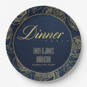 LUXE GOLD NAVY ELEGANT ROSE FLORAL DINNER PARTY PAPER PLATE