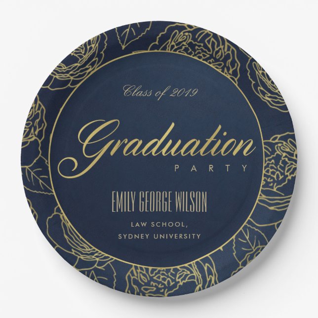 LUXE GOLD NAVY ELEGANT ROSE FLORAL GRADUATION PAPER PLATE (Front)