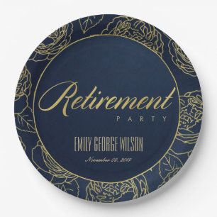 LUXE GOLD NAVY ELEGANT ROSE FLORAL RETIREMENT PAPER PLATE