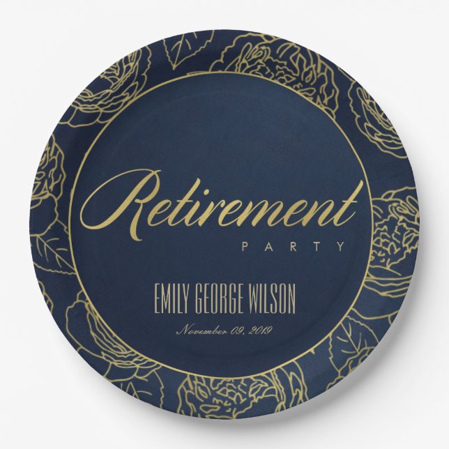 LUXE GOLD NAVY ELEGANT ROSE FLORAL RETIREMENT PAPER PLATE (Front)