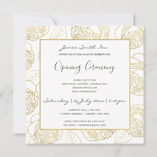LUXE GOLD NAVY ROSE FLORAL GRAND OPENING CEREMONY INVITATION (Front)