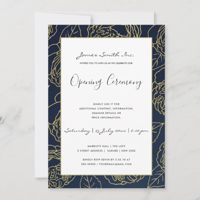 LUXE GOLD NAVY ROSE FLORAL GRAND OPENING CEREMONY INVITATION (Front)