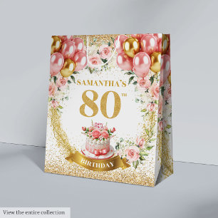 Luxe Gold Number 80th Birthday Boho Blush Flowers  Medium Gift Bag
