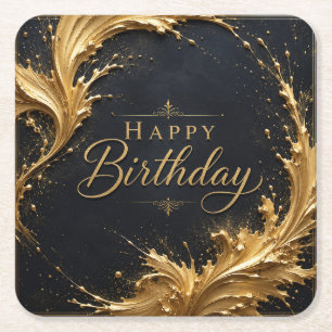 Luxe Gold Splash Birthday Elegance Square Paper Coaster