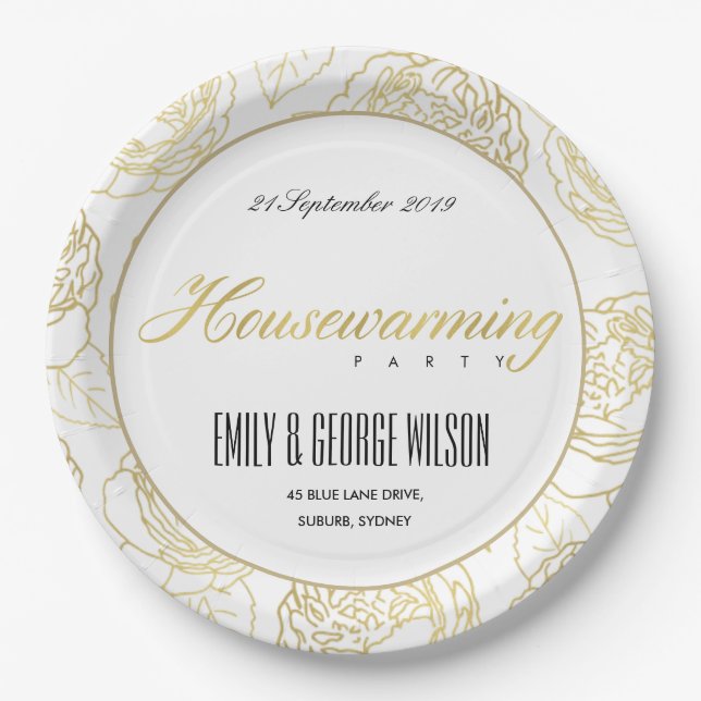 LUXE GOLD WHITE ELEGANT ROSE FLORAL HOUSEWARMING PAPER PLATE (Front)