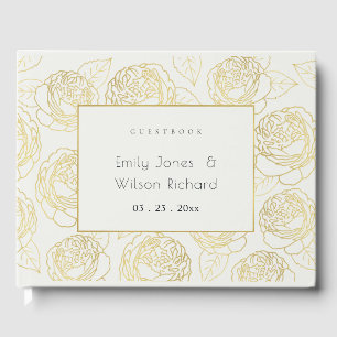LUXE GOLD WHITE NAVY ELEGANT ROSE FLORAL GUEST BOOK
