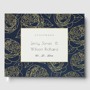 LUXE GOLD WHITE NAVY ELEGANT ROSE FLORAL GUEST BOOK
