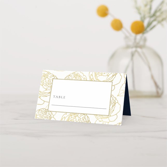 LUXE GOLD WHITE NAVY ELEGANT ROSE FLORAL WEDDING PLACE CARD (Front)