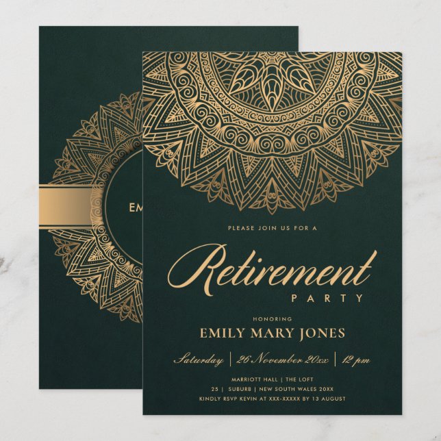 LUXE GREEN GOLD CLASSIC ORNATE MANDALA RETIREMENT INVITATION (Front/Back)