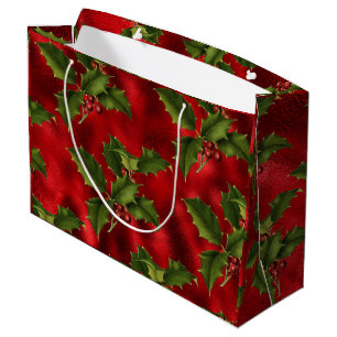 Luxe Green Holly, Red Berries Foil Large Gift Bag