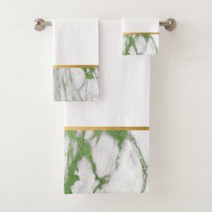 LUXE GREEN WHITE MARBLE GOLD BATHROOM TOWEL SET