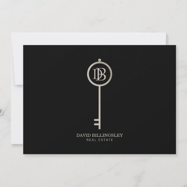 Luxe Grey Skeleton Key Monogram Black Thank You Card (Front)