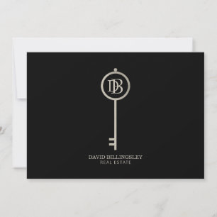 Luxe Grey Skeleton Key Monogram Black Thank You Card
