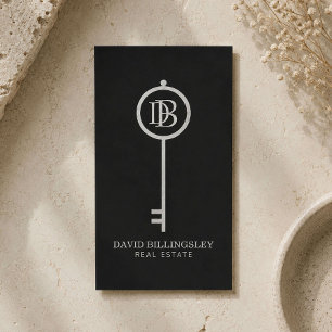 Luxe Grey Skeleton Key Monogram Realtor Business Card